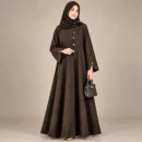 Front view of the Nayla Cotrai Abaya in warm taupe Cotrai fabric.