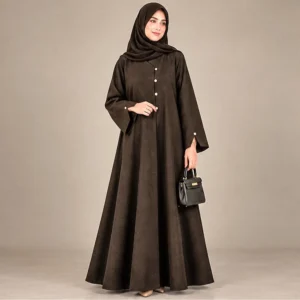 Front view of the Nayla Cotrai Abaya in warm taupe Cotrai fabric.